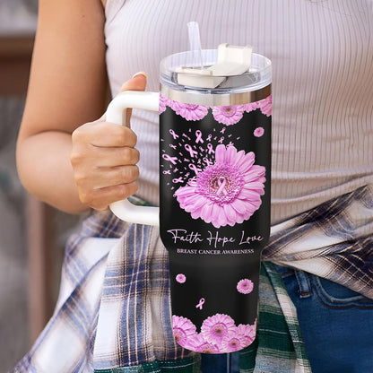 Pink Ribbon Flower Tumbler 40oz – Personalized Stainless Steel Insulated Cup with Handle & Straw – Supportive Gift for Breast Cancer Awareness