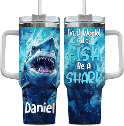 Fierce Shark Ocean Tumbler 40oz with Handle & Straw – Personalized Stainless Steel Travel Cup with Lid – Cool Gift for Shark Lovers