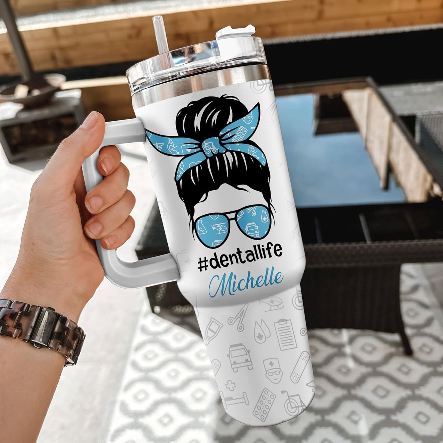 Dentist Life Tumbler 40oz with Handle & Straw – Personalized Stainless Steel Insulated Travel Cup with Lid – Unique Gift for Dental Professionals