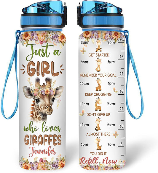 Giraffe Lovers Water Bottle Tracker 32oz – Personalized Motivational Hydration Bottle with Time Marker – Creative Gift for Women, Girls on Birthday, Graduation