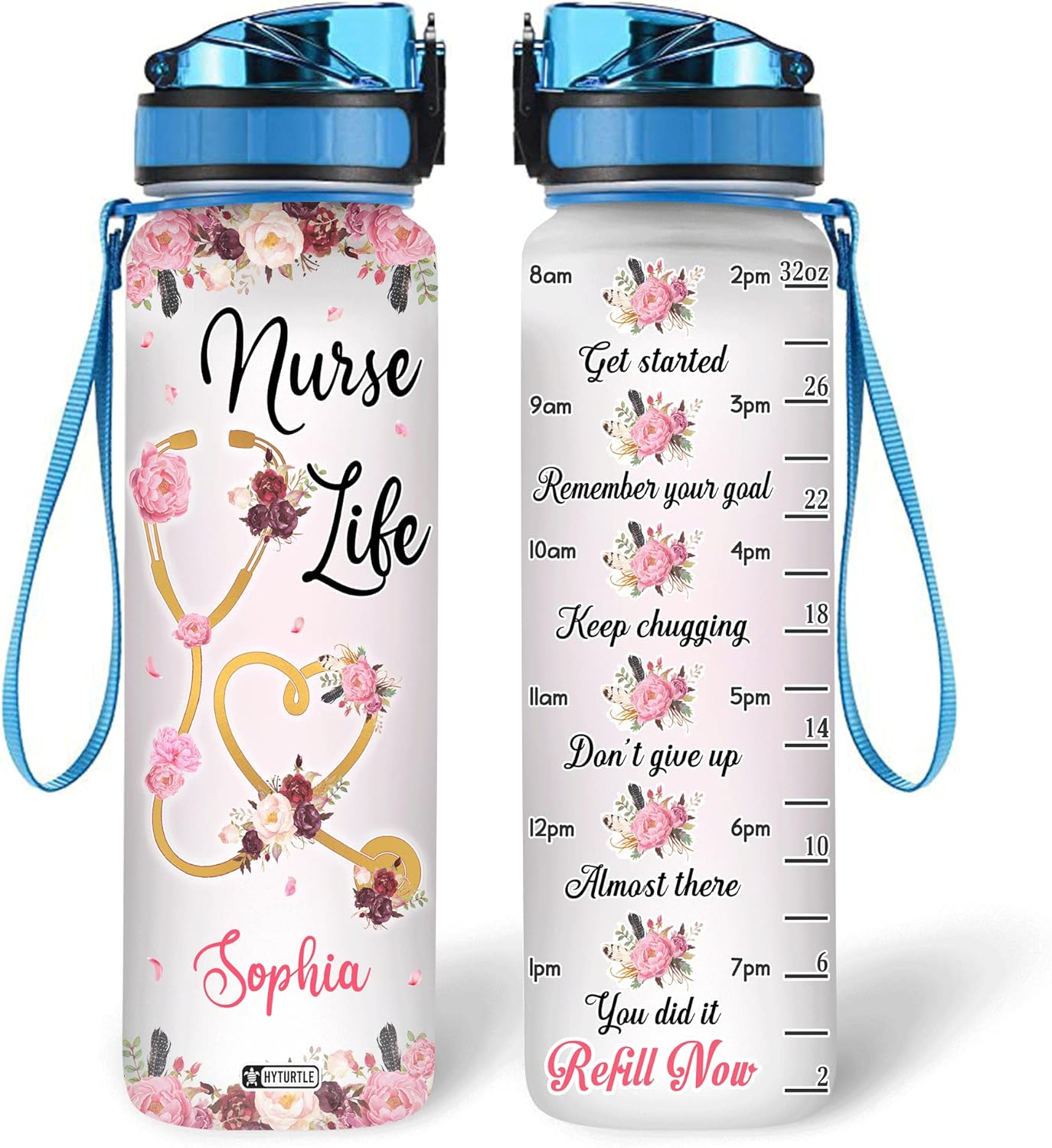 Nurse Floral Life - Personalized Water Tracker Bottle 32oz