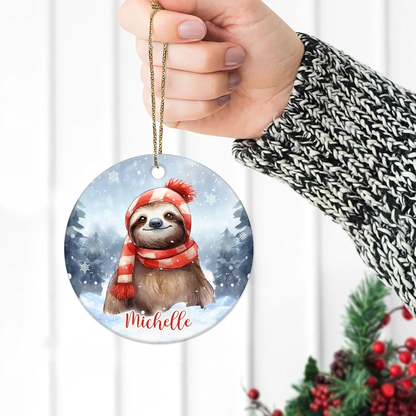 Snowy Sloth Scarf Ceramic Ornament – Personalized Name, Custom Christmas or Birthday Gift for Sloth Lover, Women and Teens