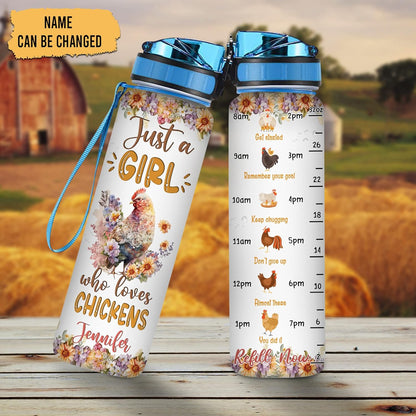 Floral Chicken Water Bottle Tracker 32oz Personalized – Cute Animal Lover Hydration Bottle with Time Marker – Unique Gift for Women Girls