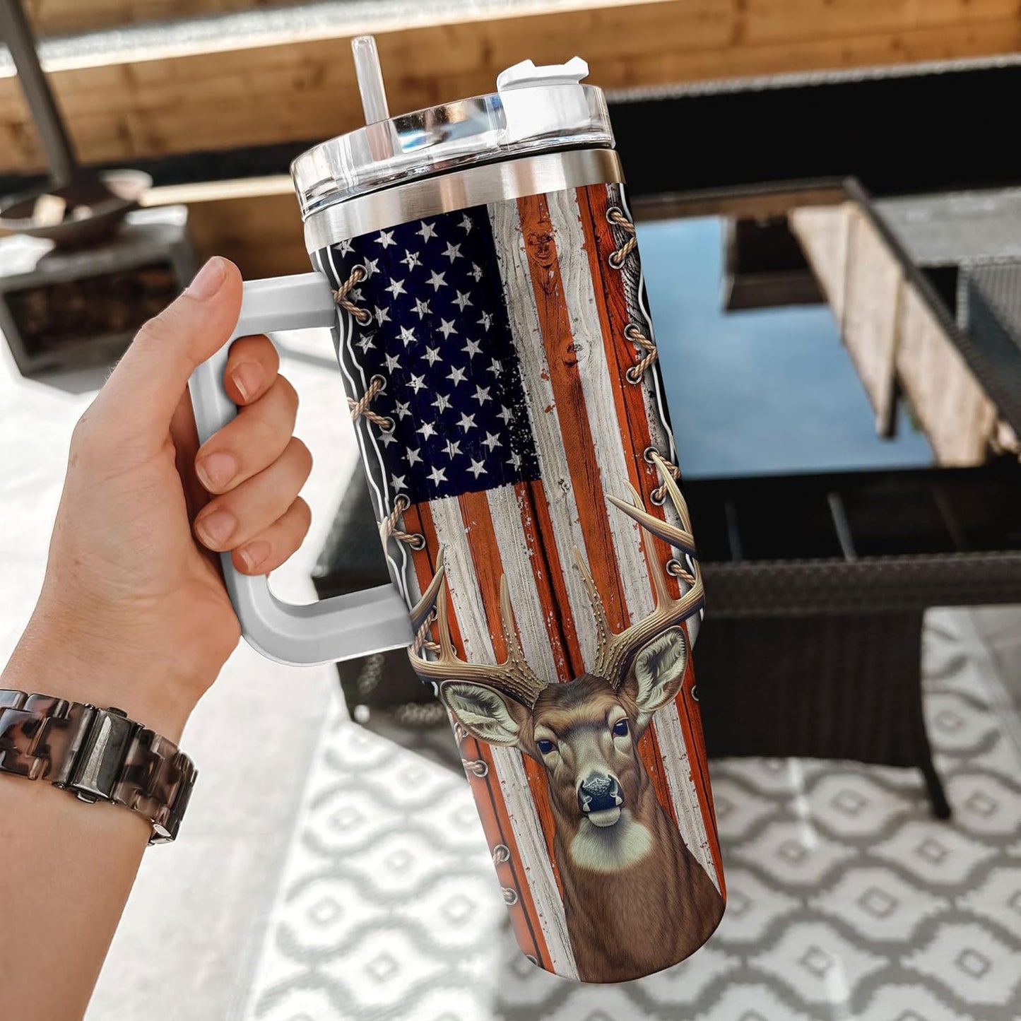 Deer Hunting American Flag Tumbler 40oz with Handle & Straw – Personalized Stainless Steel Insulated Cup with Lid – Gift for Hunters & Outdoorsmen