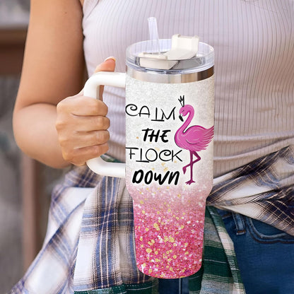 Flamingo Glitter Tumbler 40oz with Handle & Straw – Personalized Stainless Steel Insulated Cup with Lid – Fun Gift for Flamingo Lovers
