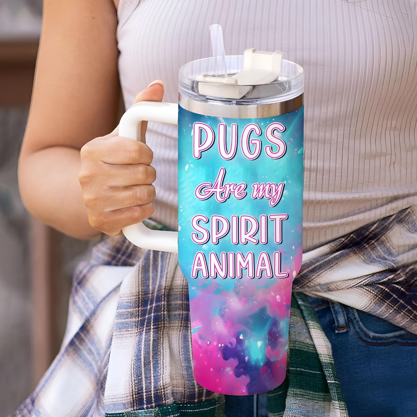 Pug Spirit Animal Tumbler 40oz – Personalized Stainless Steel Cup with Handle & Straw – Fun Gift for Dog Moms & Pet Lovers