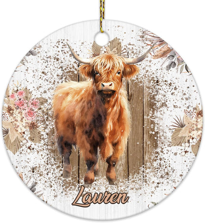 Highland Cow Floral Rustic Ceramic Ornament – Personalized Custom Name Circle Keepsake, Christmas or Birthday Gift for Highland Cow Lover Women