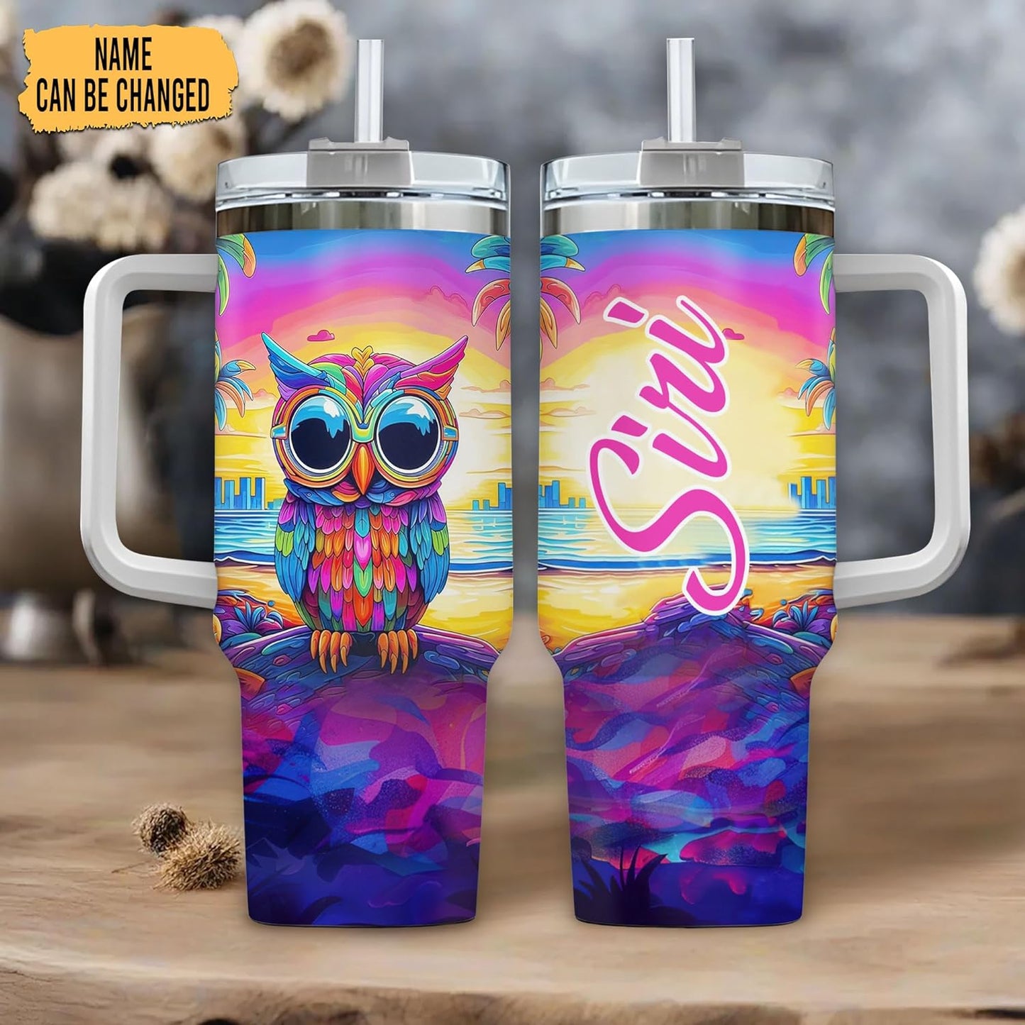 Colorful Sunset Owl Tumbler 40oz with Handle & Straw – Personalized Stainless Steel Insulated Cup with Lid – Unique Gift for Owl Lovers