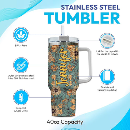 Floral Highland Cow Tumbler 40oz with Handle & Straw – Personalized Stainless Steel Travel Cup with Lid – Stylish Gift for Cow Lovers