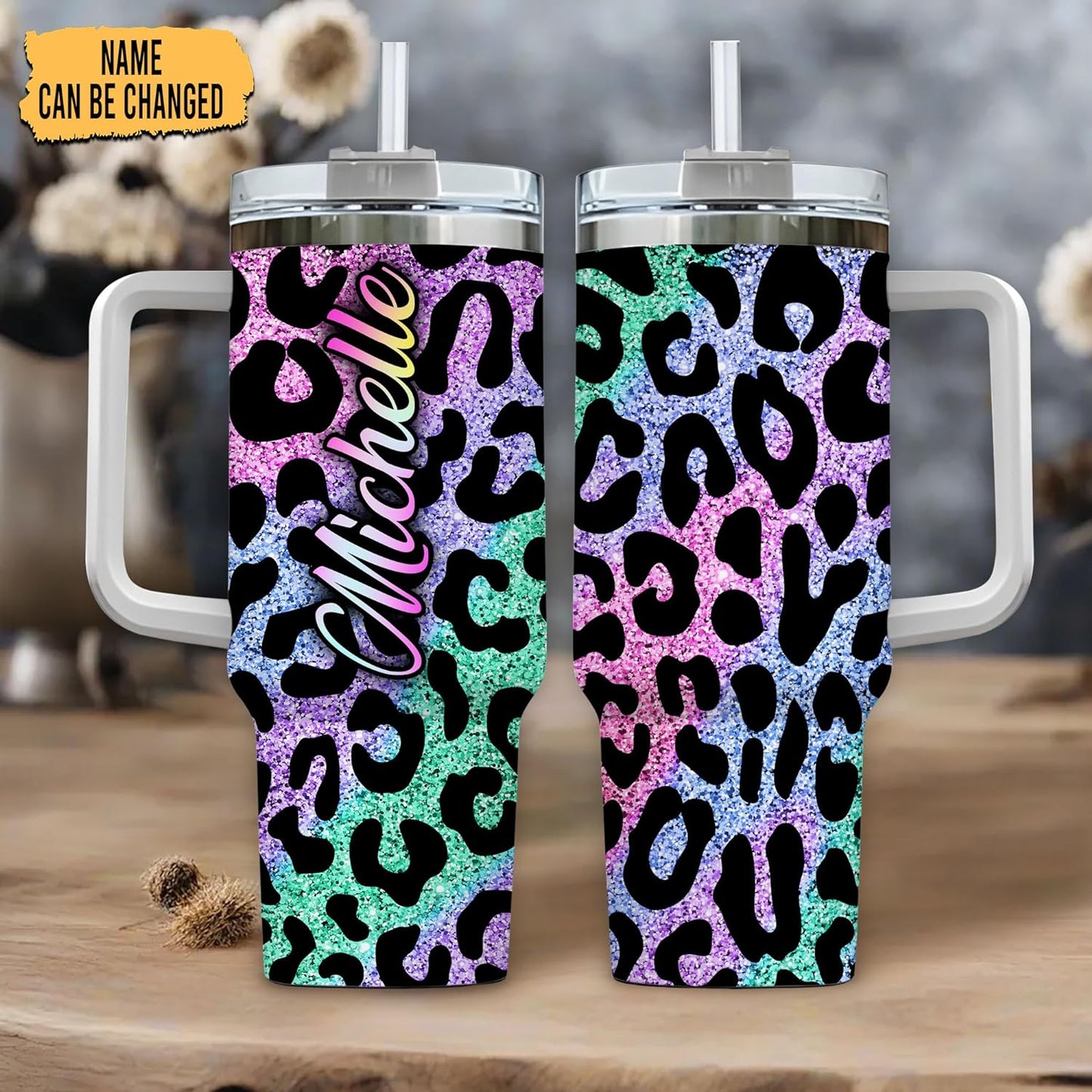Colorful Leopard Print Tumbler 40oz with Handle & Straw – Personalized Stainless Steel Insulated Cup with Lid – Creative Gift for Women