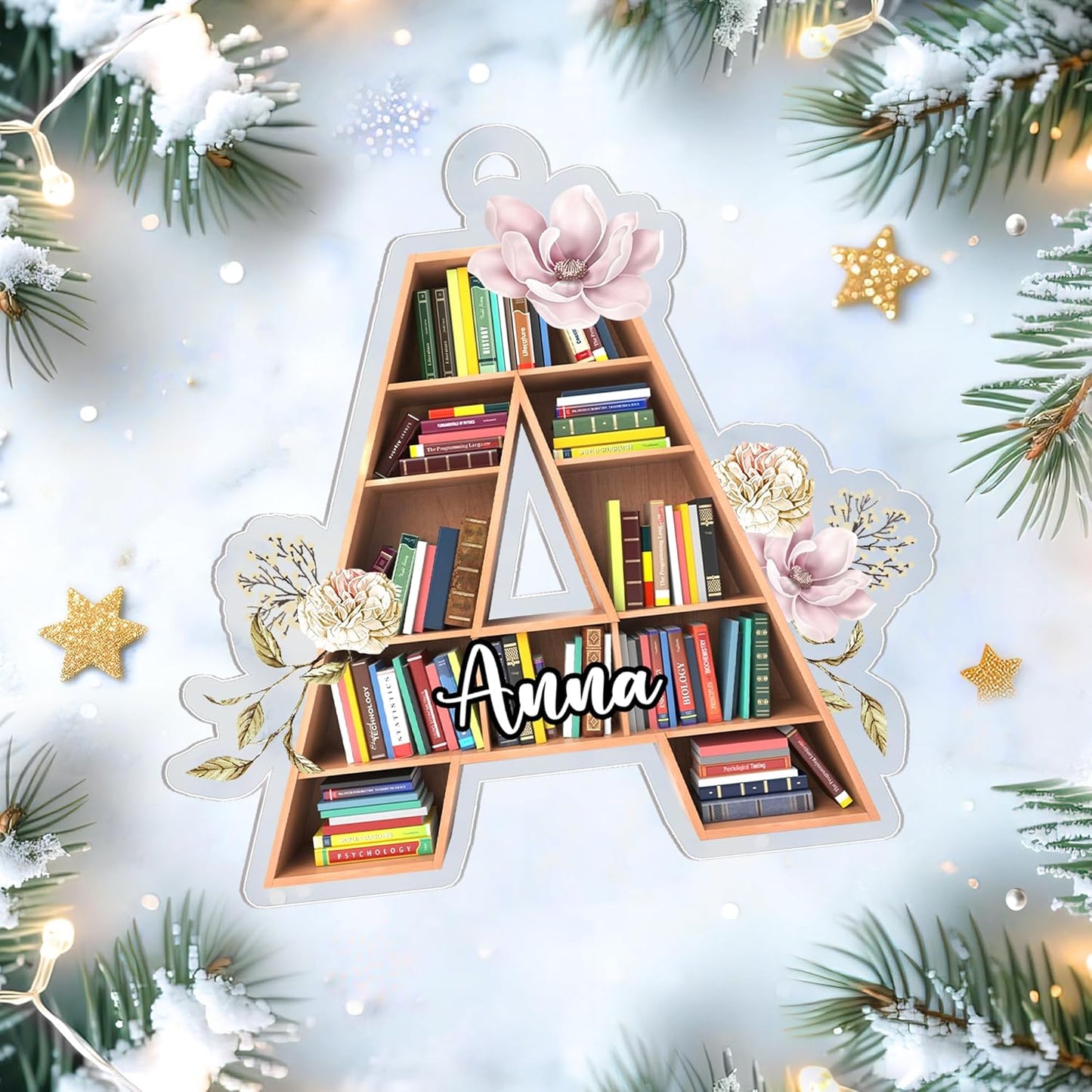 Letter-Initial Bookshelf Cut Acrylic Ornament – Personalized Library Gift for Book Lover or Teacher, Bookish Christmas Tree Decor with Custom Name