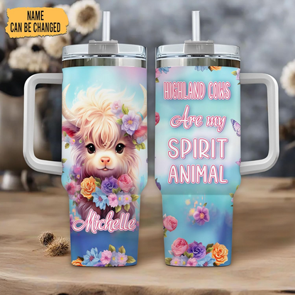 Highland Cow Lover Tumbler 40oz with Handle & Straw – Personalized Stainless Steel Insulated Cup with Lid – Cute Farm Animal Gift for Birthday or Christmas