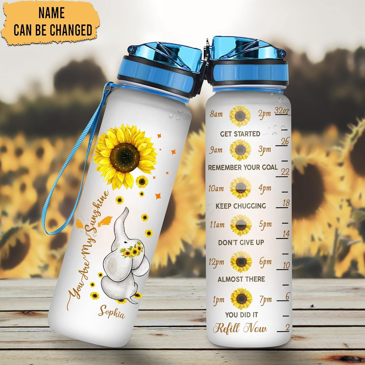 Sunflower Elephant “You Are My Sunshine” Water Bottle Tracker 32oz – Personalized Motivational Bottle with Time Marker – Cute Gift for Women