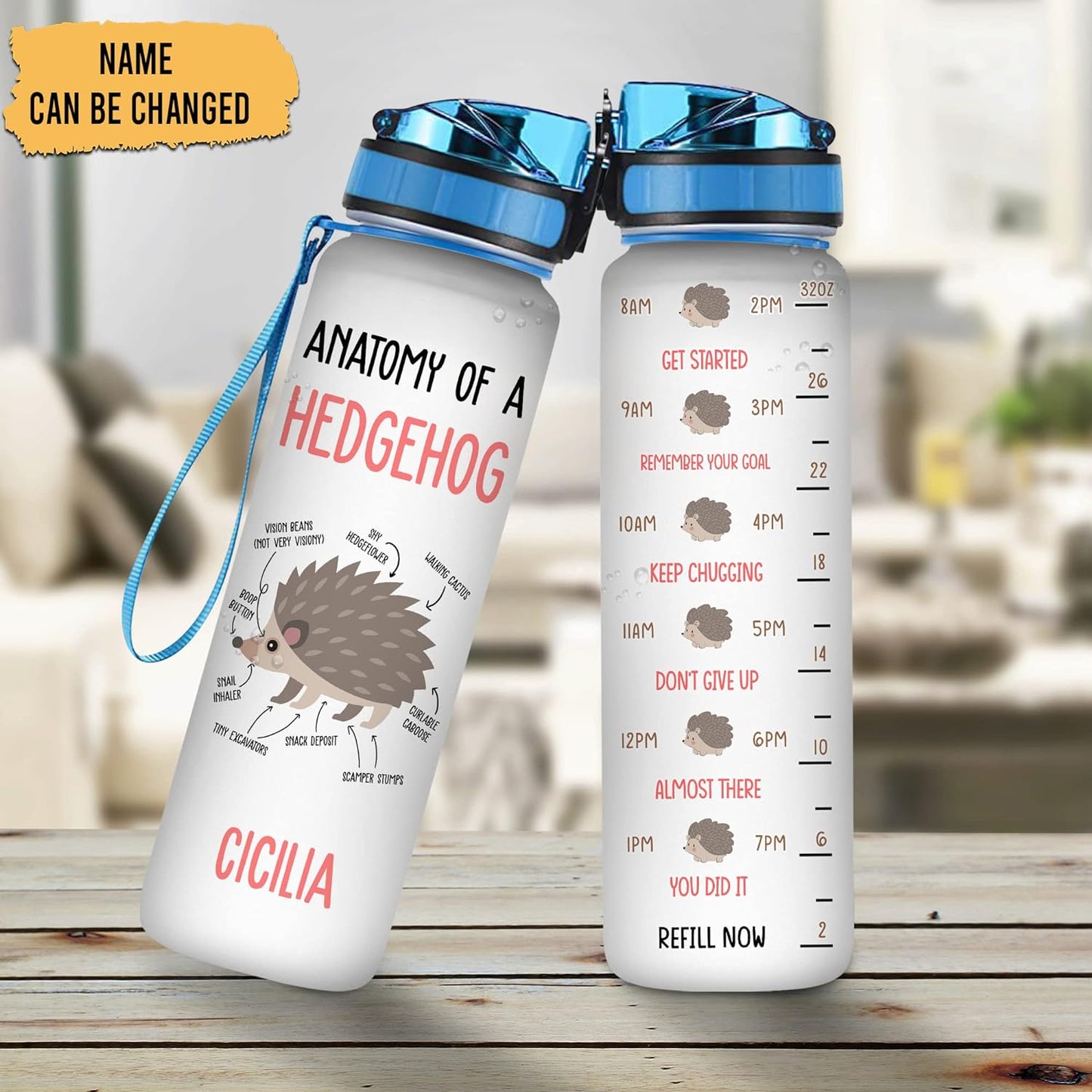 Hedgehog “Anatomy of a Hedgehog” Water Bottle Tracker 32oz – Personalized Motivational Bottle with Time Marker – Educational Gift for Hedgehog Lovers