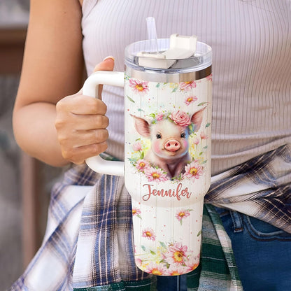 Pig Lover Tumbler 40oz – Personalized Stainless Steel Travel Cup with Handle & Straw, Insulated Coffee Mug – Cute Gift for Animal Lovers
