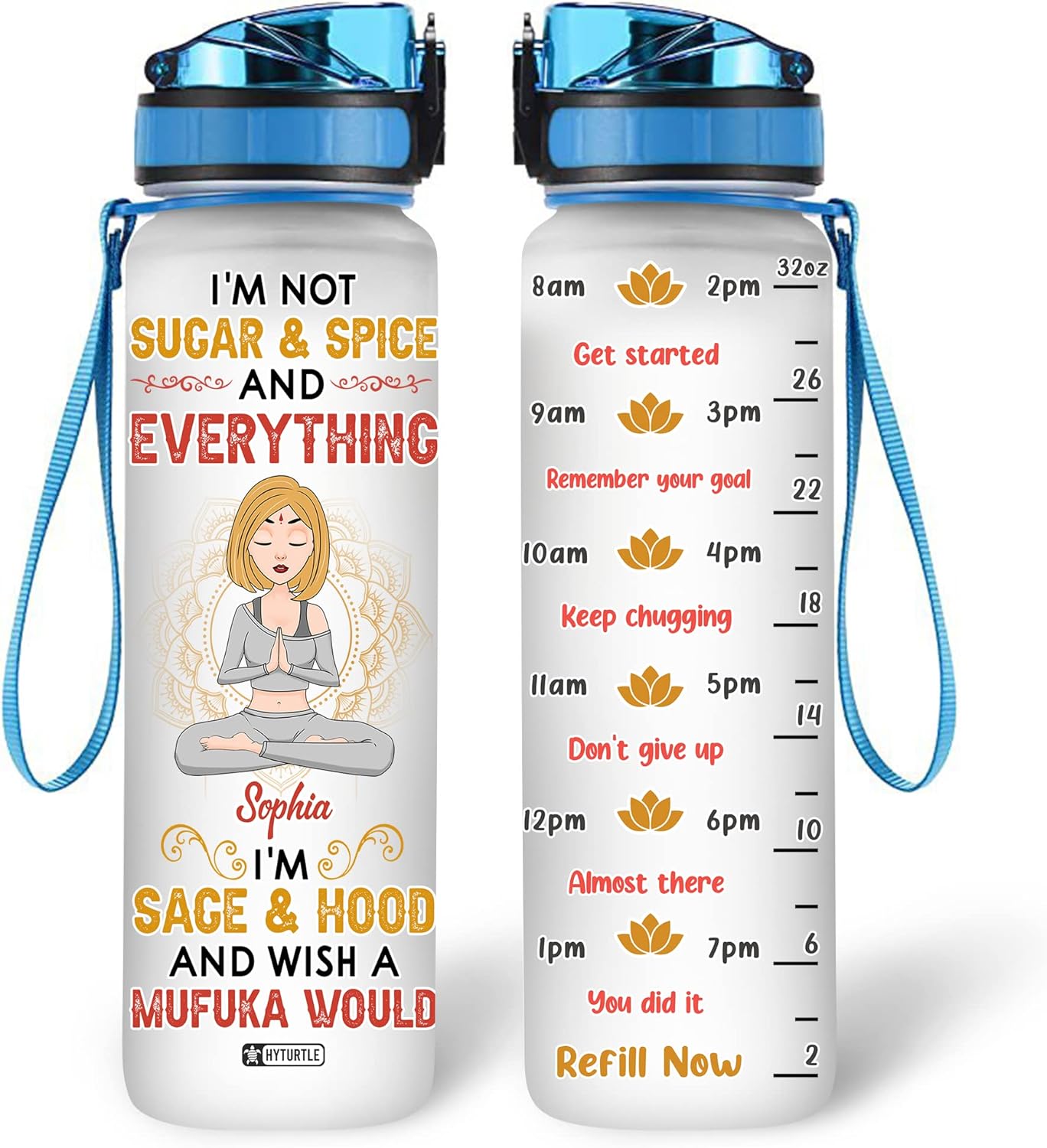 Yoga Lotus Water Bottle Tracker 32oz – Personalized Hydration Bottle with Time Marker – Unique Gift for Yoga Lovers