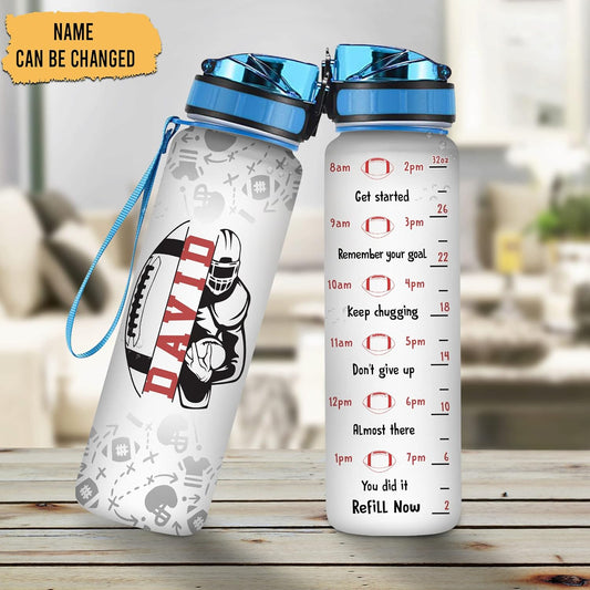 Football Sports Water Bottle Tracker 32oz – Personalized BPA-Free Motivational Bottle with Time Marker – Cool Gift for Boys & Football Fans