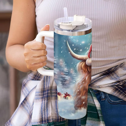 Christmas Highland Cow Tumbler 40oz with Handle & Straw – Personalized Stainless Steel Insulated Cup with Lid – Festive Gift for Cow Lovers