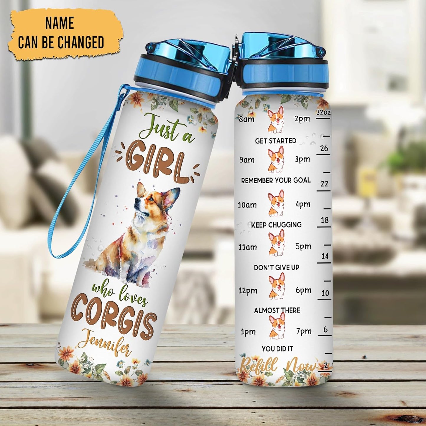 Corgi Lovers Water Bottle Tracker 32oz – Personalized Motivational Hydration Bottle with Time Marker – Fun Gift for Women, Girls on Birthday, Christmas