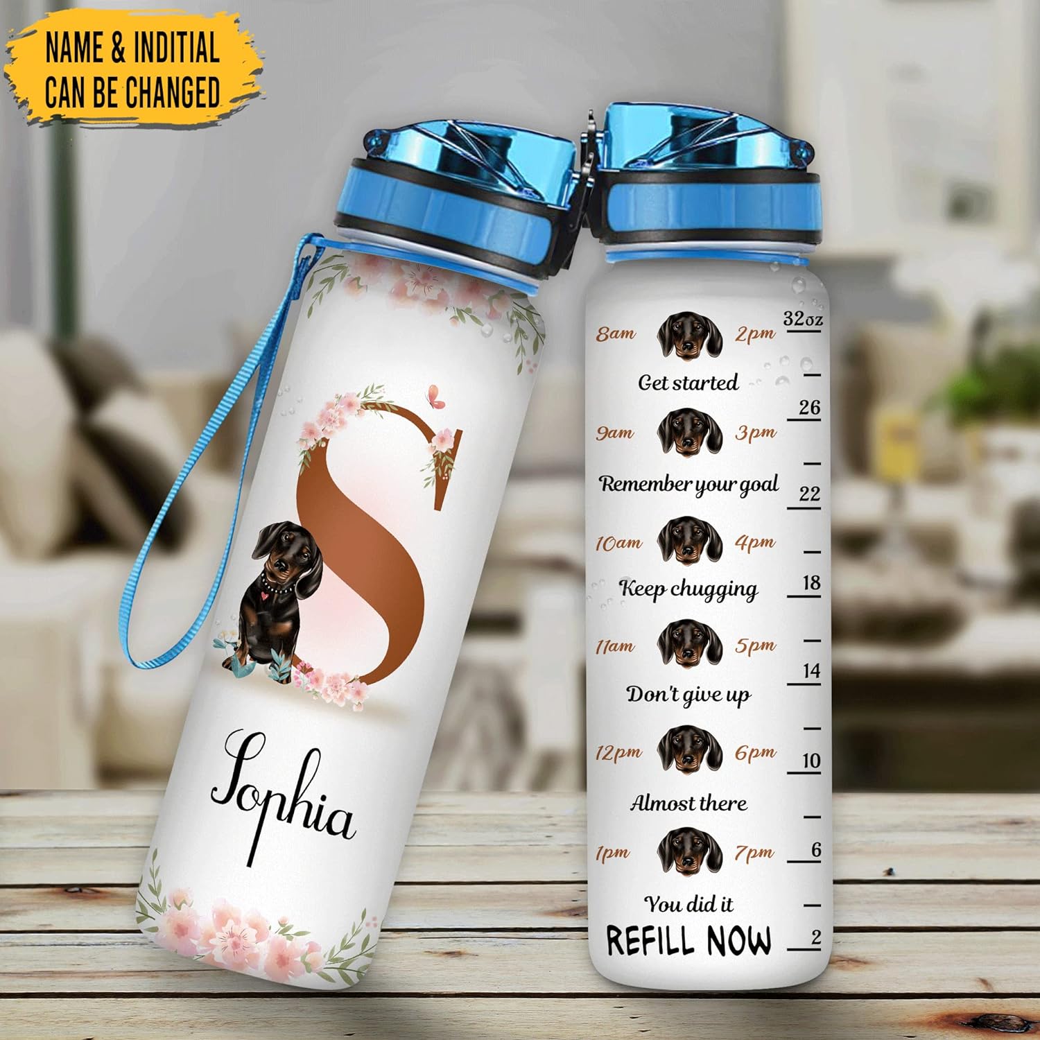 Dachshunds Floral Theme - Personalized Water Tracker Bottle 32oz