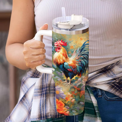 Colorful Rooster Tumbler 40oz – Personalized Stainless Steel Insulated Cup with Handle & Straw – Fun Gift for Chicken Lovers
