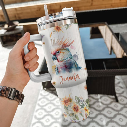 Cockatoo Tumbler 40oz with Handle & Straw – Personalized Stainless Steel Insulated Travel Cup with Lid – Fun Gift for Parrot Lovers