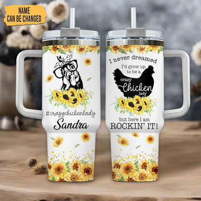 Sunflower Chicken Lady Tumbler 40oz with Handle & Straw – Personalized Stainless Steel Insulated Cup with Lid – Fun Gift for Farm Animal Lovers