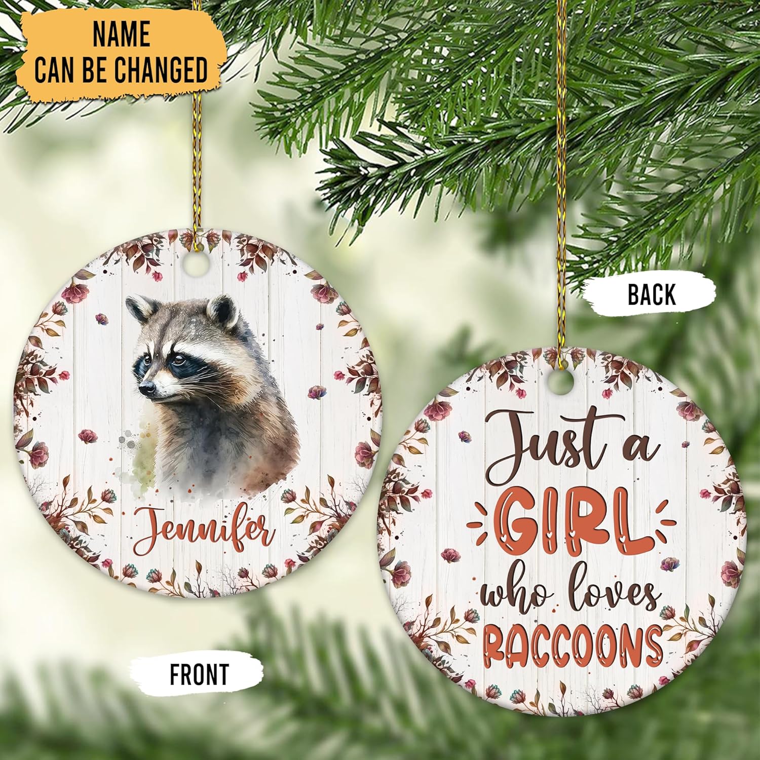 Raccoon Lover Ceramic Ornament  Personalized Christmas Keepsake with Custom Name  Cute Animal Decoration Gift