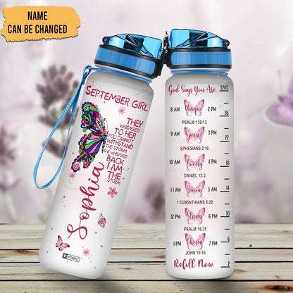 Butterfly September Girl Water Bottle Tracker 32oz – Personalized Hydration Bottle with Time Marker – Inspirational Gift for Her