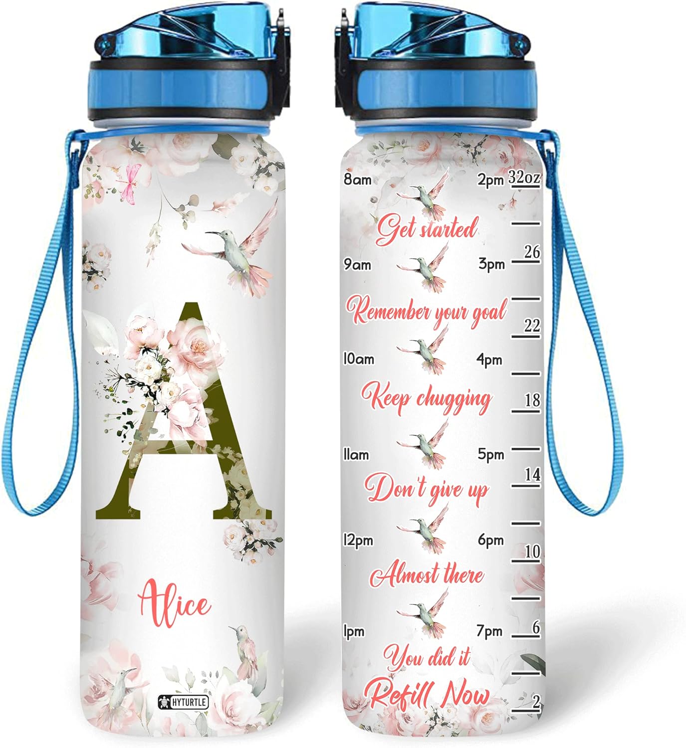 Hummingbird Floral Pattern - Personalized Water Tracker Bottle 32oz