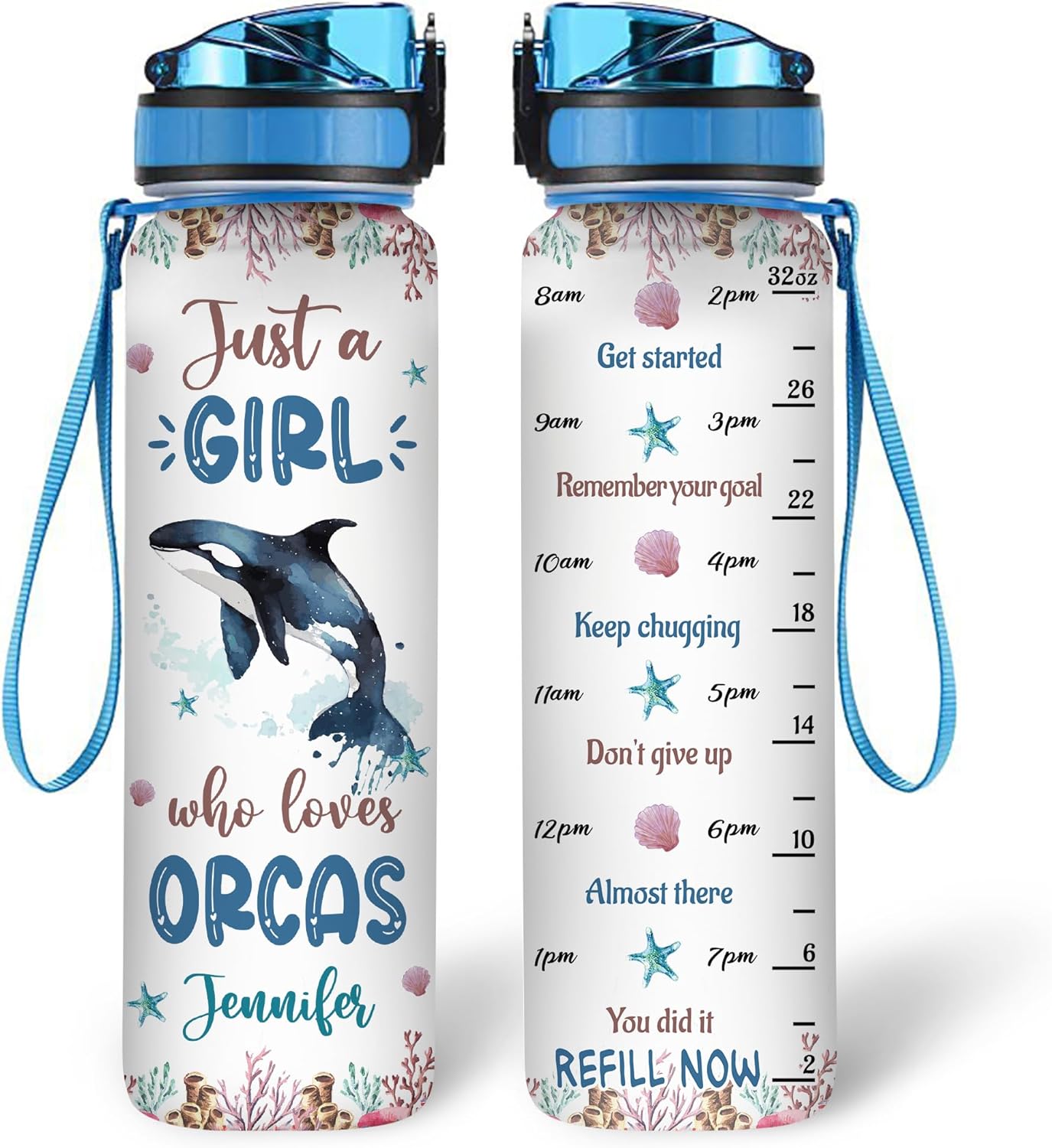 Orca Lovers Water Bottle Tracker 32oz – Personalized Hydration Bottle with Time Marker – Inspirational Gift for Sea Life Fans