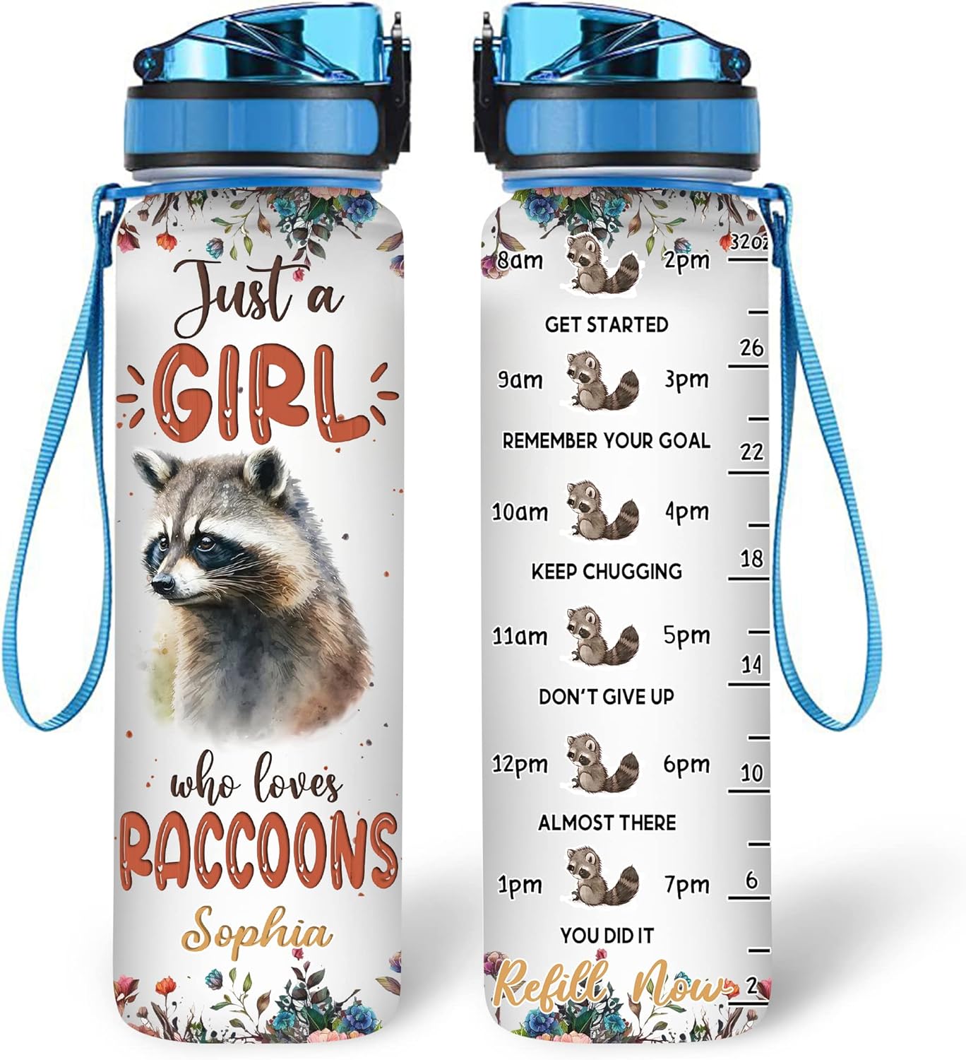 Raccoon Lovers Water Bottle Tracker 32oz – Personalized Motivational Bottle with Time Marker – Creative Gift for Animal Lovers