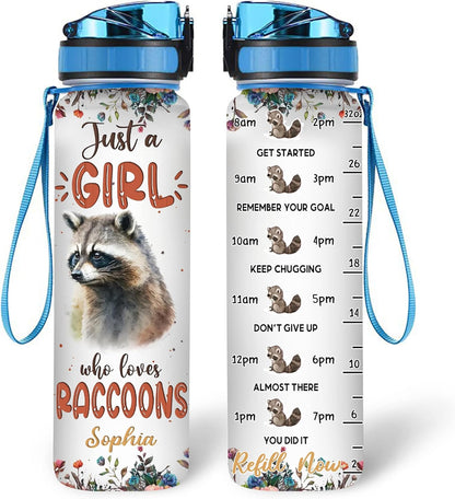 Raccoon Lovers Water Bottle Tracker 32oz – Personalized Motivational Bottle with Time Marker – Creative Gift for Animal Lovers