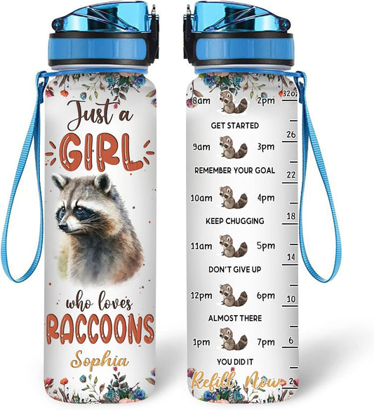 Raccoon Lovers Water Bottle Tracker 32oz – Personalized Motivational Bottle with Time Marker – Creative Gift for Animal Lovers
