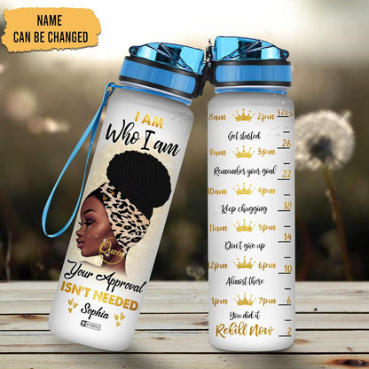 African American Queen Water Bottle Tracker 32oz – Personalized Motivational Bottle with Time Marker – Empowering Gift for Black Women