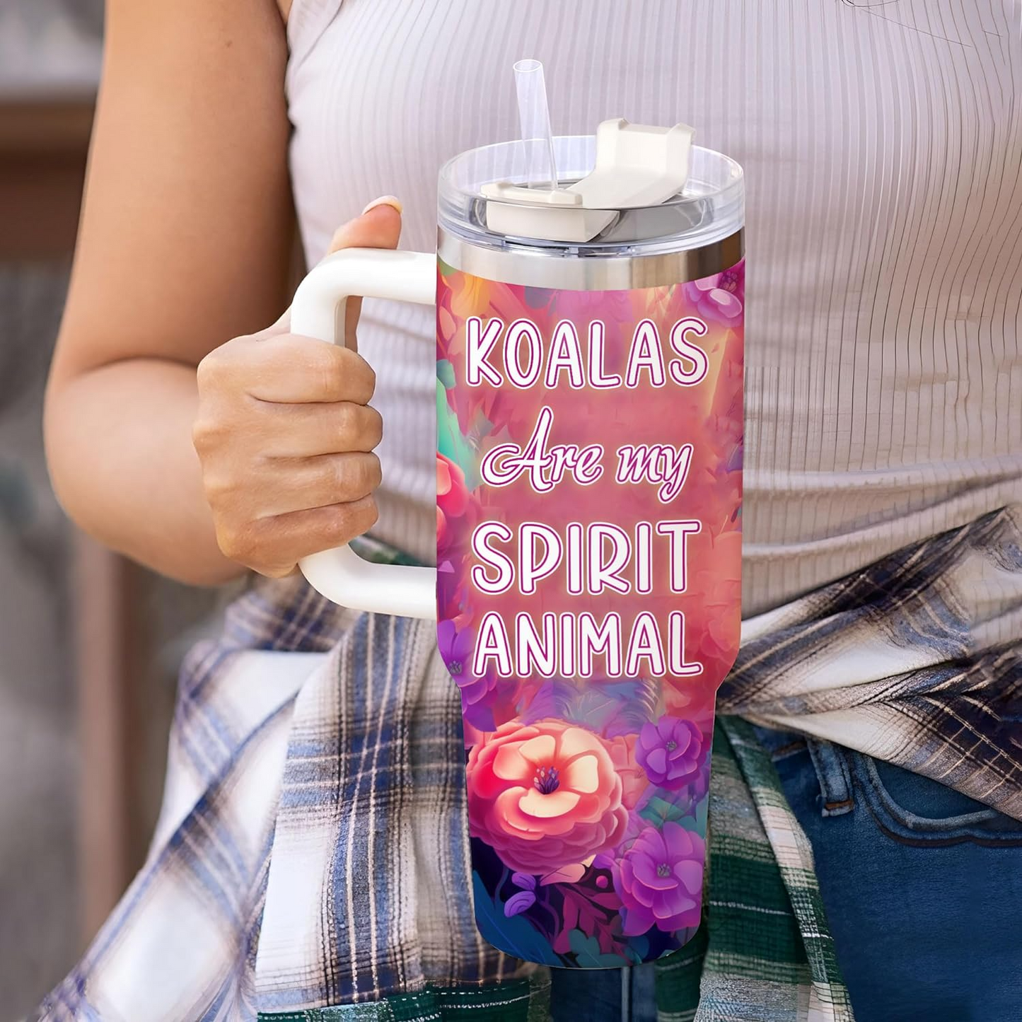Koala Lover Tumbler 40oz with Handle & Straw – Personalized Stainless Steel Insulated Travel Cup with Lid – Cute Birthday Gift for Animal Lovers