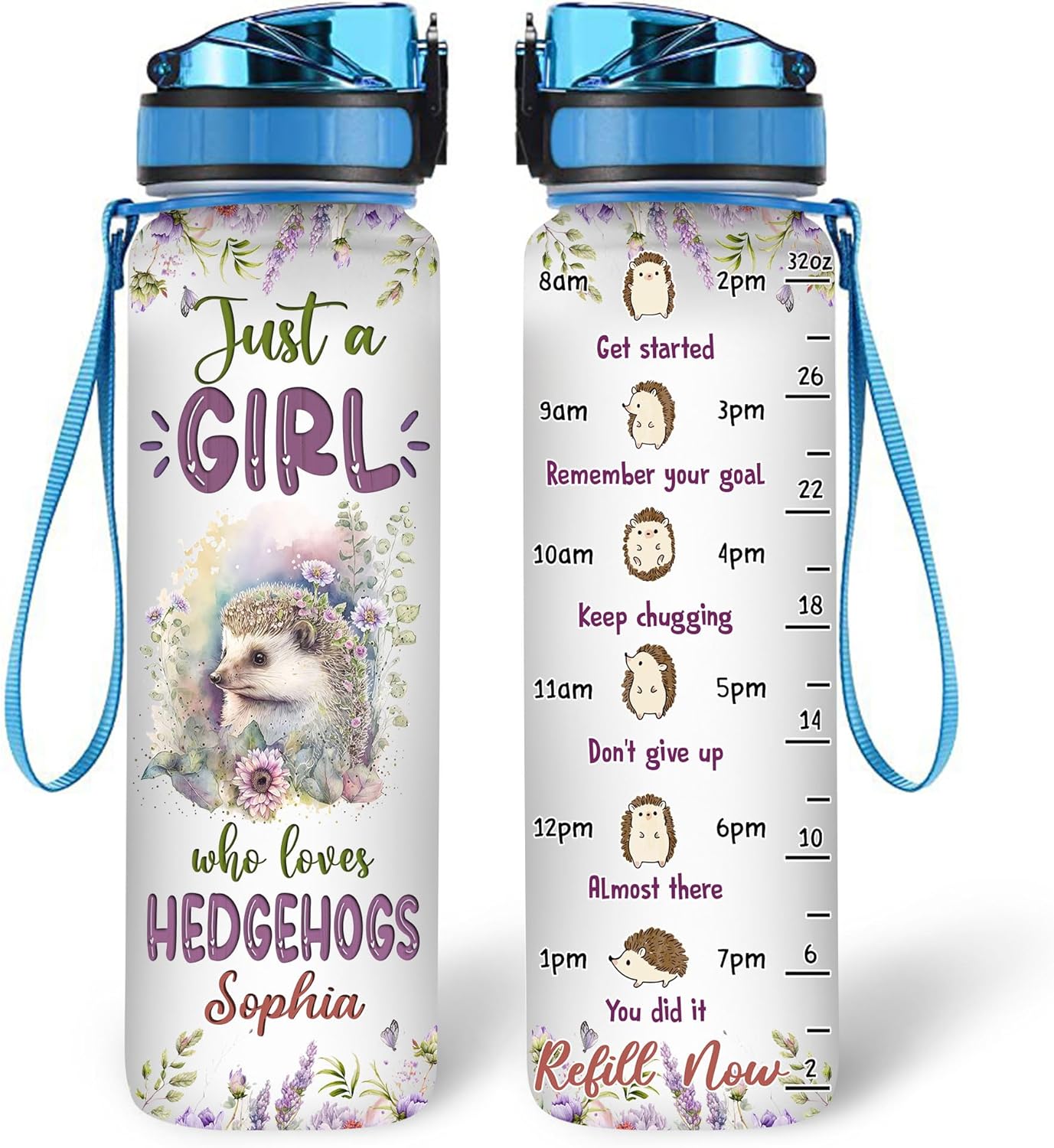Hedgehog “Just A Girl Who Loves Hedgehogs” Water Bottle Tracker 32oz – Personalized Motivational Hydration Bottle with Time Marker – Sweet Gift for Hedgehog Lovers
