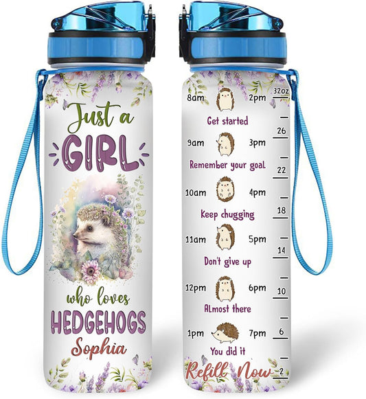 Hedgehog “Just A Girl Who Loves Hedgehogs” Water Bottle Tracker 32oz – Personalized Motivational Hydration Bottle with Time Marker – Sweet Gift for Hedgehog Lovers