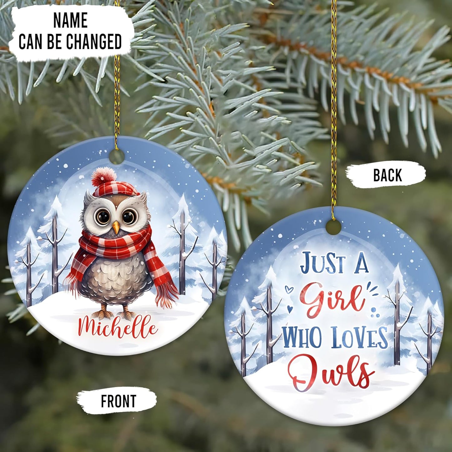 Owl in Scarf Winter Scene Ceramic Ornament – Personalized Custom Name Circle Keepsake, Christmas or Birthday Gift for Owl Lover Women
