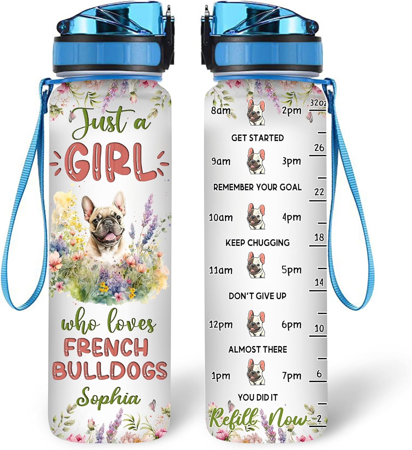 French Bulldog Lovers Water Bottle Tracker 32oz – Personalized Motivational Hydration Bottle with Time Marker – Stylish Gift for Dog Moms on Birthday, Christmas
