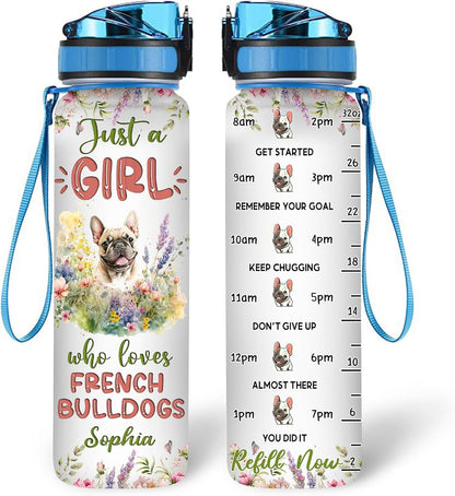 French Bulldog Lovers Water Bottle Tracker 32oz – Personalized Motivational Hydration Bottle with Time Marker – Stylish Gift for Dog Moms on Birthday, Christmas