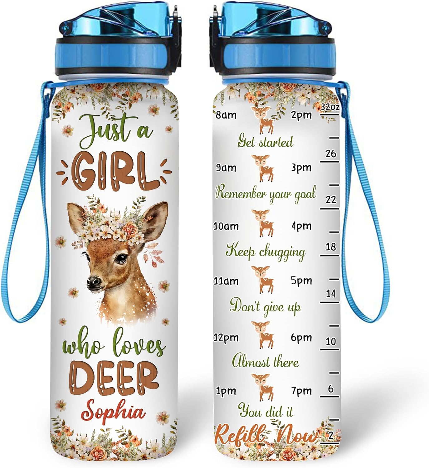 Deer Lovers Water Bottle Tracker 32oz – Personalized Motivational Hydration Bottle with Time Marker – Nature-Inspired Gift for Women on Birthday, Christmas