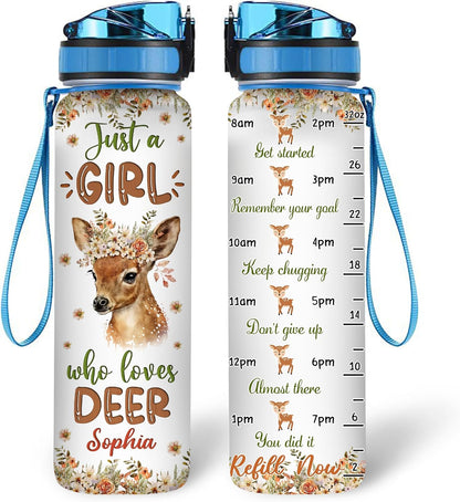 Deer Lovers Water Bottle Tracker 32oz – Personalized Motivational Hydration Bottle with Time Marker – Nature-Inspired Gift for Women on Birthday, Christmas