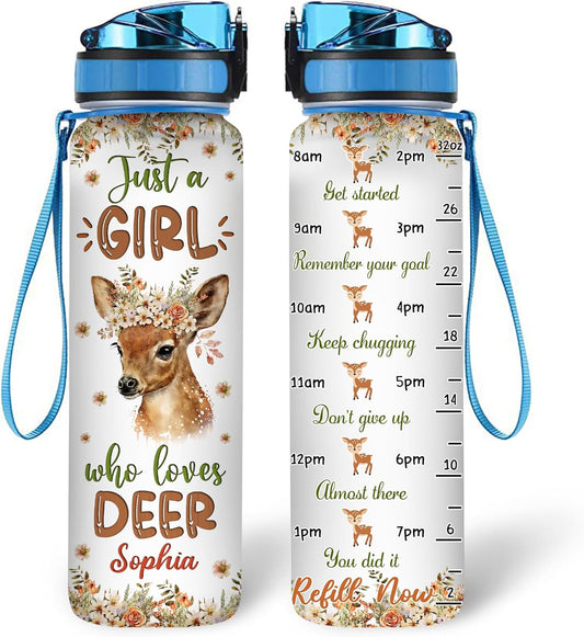 Deer Lovers Water Bottle Tracker 32oz – Personalized Motivational Hydration Bottle with Time Marker – Nature-Inspired Gift for Women on Birthday, Christmas