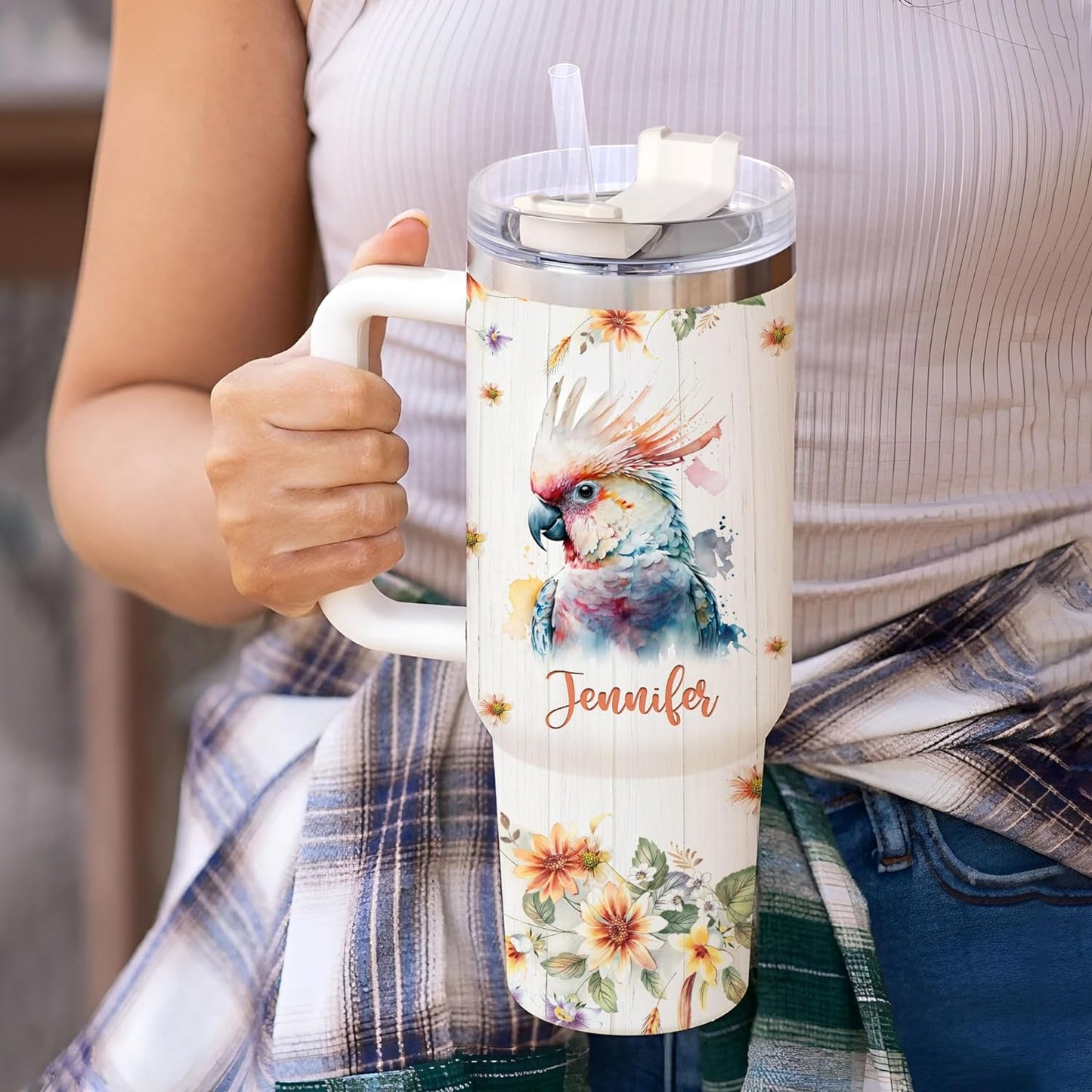 Cockatoo Tumbler 40oz with Handle & Straw – Personalized Stainless Steel Insulated Travel Cup with Lid – Fun Gift for Parrot Lovers