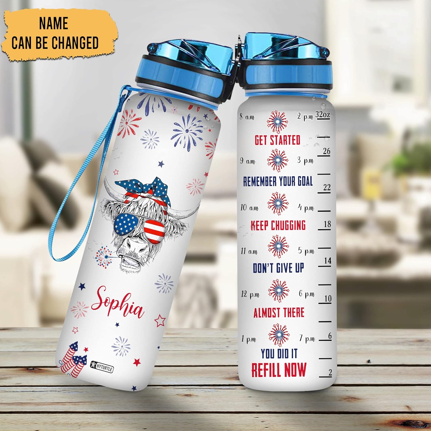 Cow American Flag - Personalized Water Tracker Bottle 32oz