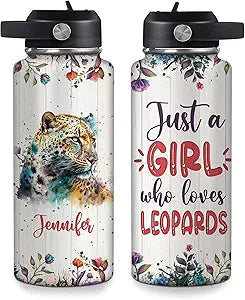 Wild Leopard Water Bottle 32oz – Personalized Stainless Steel Insulated Bottle with Leak-Proof Lid – Stylish Gift for Leopard Lovers