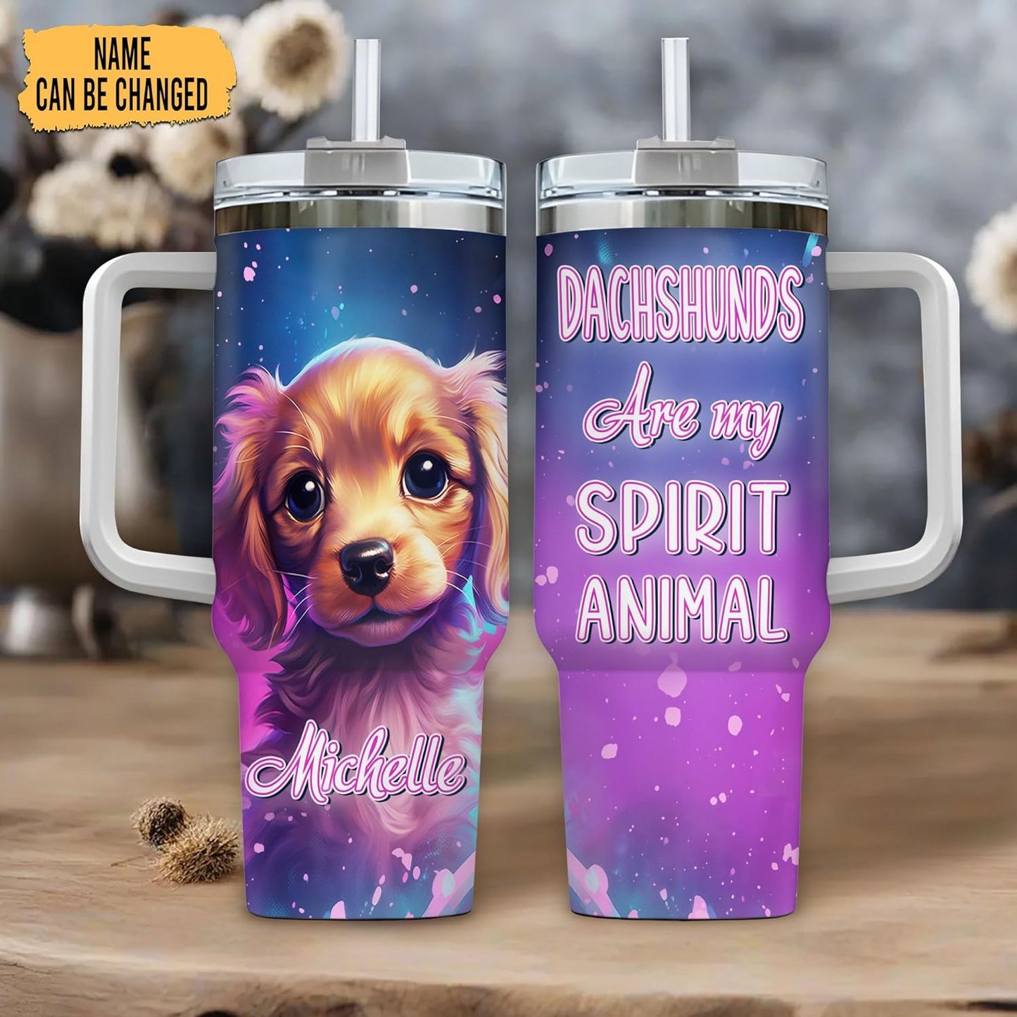 Dachshund Dog Spirit Animal Tumbler 40oz – Personalized Stainless Steel Travel Cup with Handle & Straw – Stylish Gift for Dog Lovers