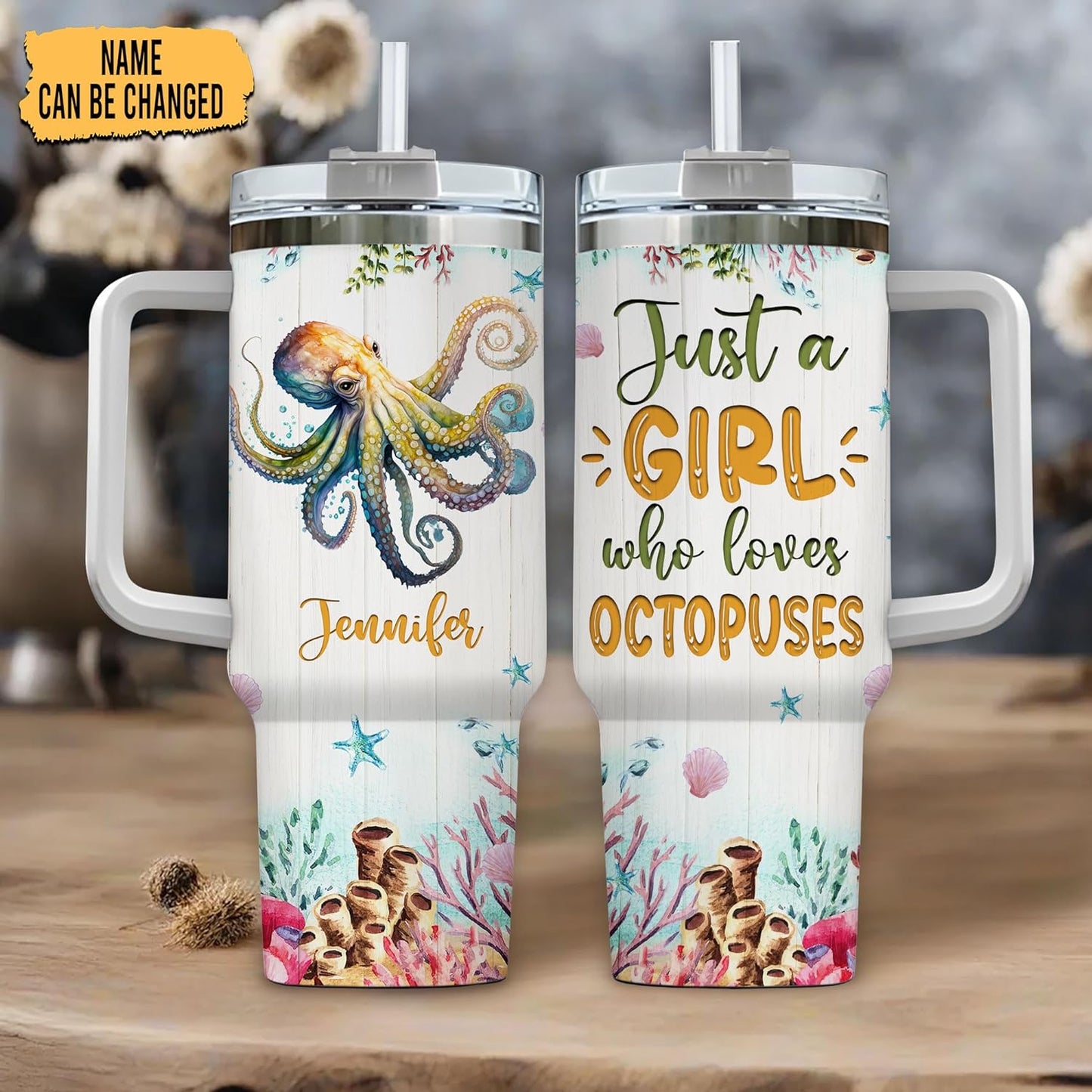 Artistic Octopus 40oz Tumbler with Handle & Straw – Personalized Stainless Steel Insulated Travel Cup with Lid – Creative Gift for Ocean Lovers