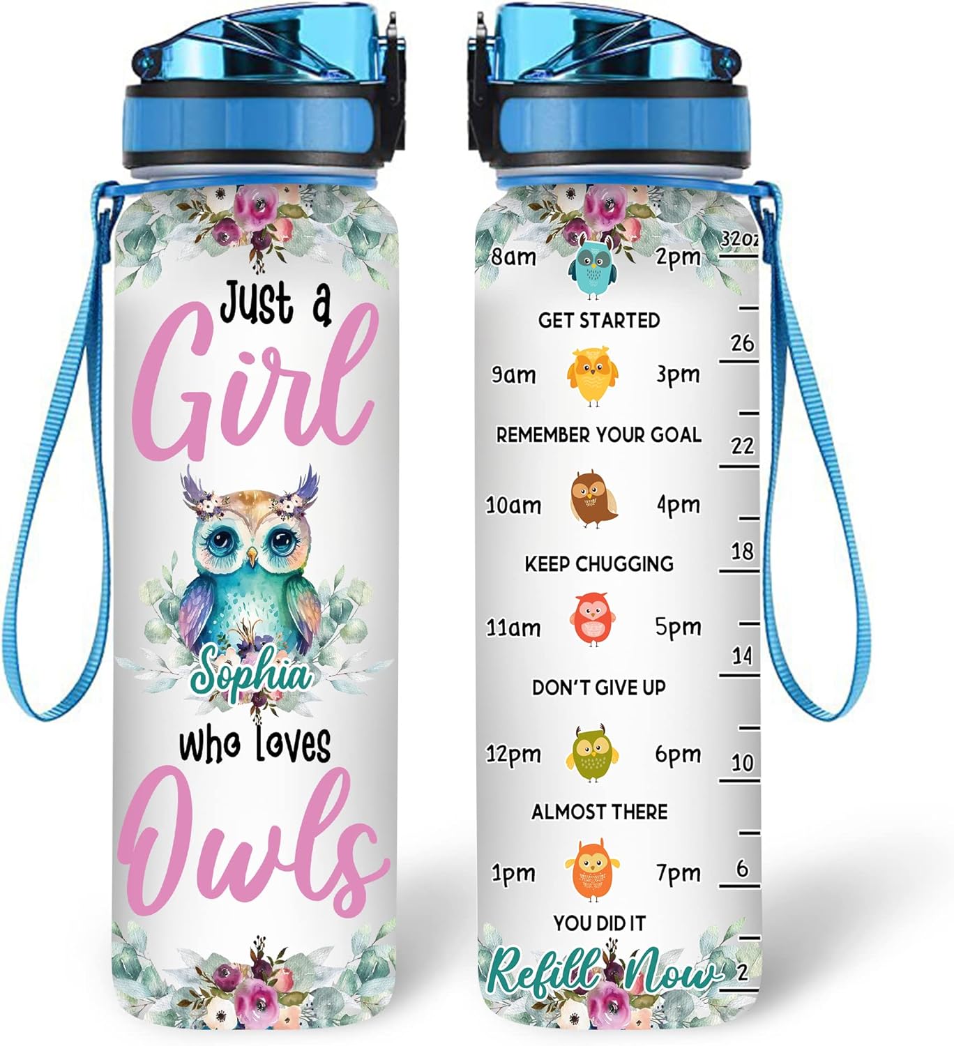 Owl Water Bottle Tracker 32oz Personalized – Colorful Floral Owl Hydration Bottle with Time Marker – Creative Gift for Owl Lovers